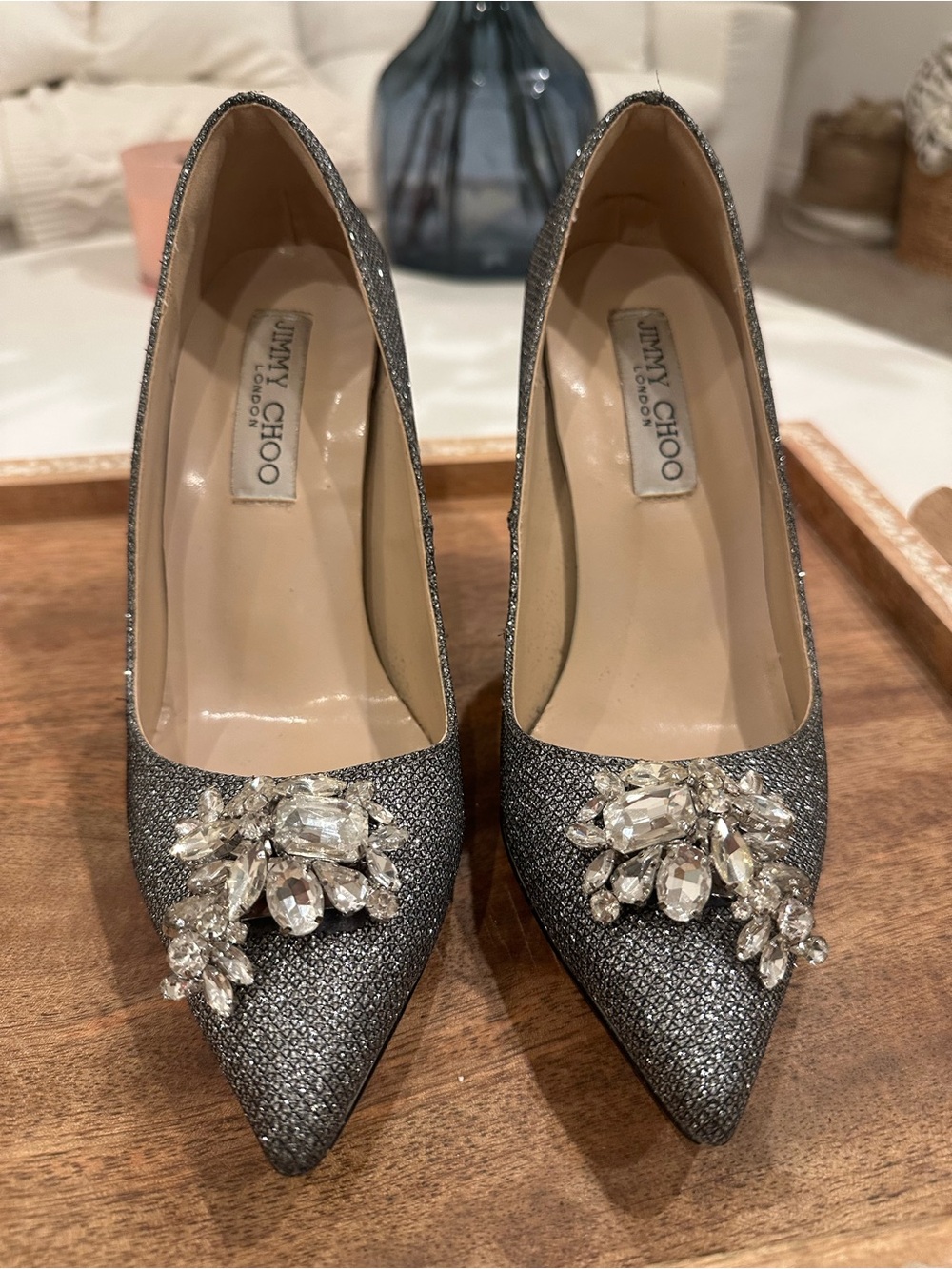 Jimmy Choo Silver Crystal-Embellished Pointed Toe Heels